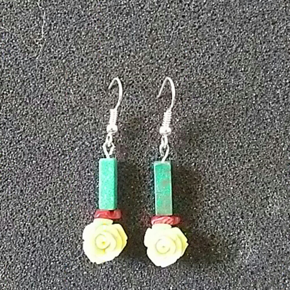 Turquoise and Coral Rose Dangle Earrings